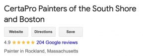 CertaPro Painters of the South Shore Google Review showing a rating of 4.9 out of 5 stars over 200+ reviews.